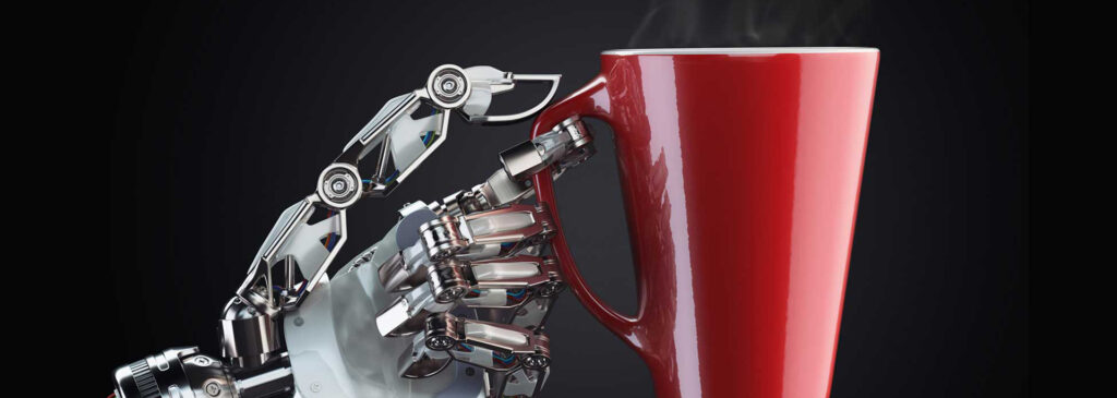 A robot hand holding a mug.