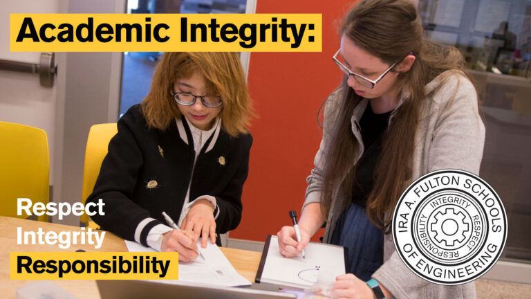 Two people write on paper in an image that says "Academic Integrity: Respect, Integrity, Responsibility"