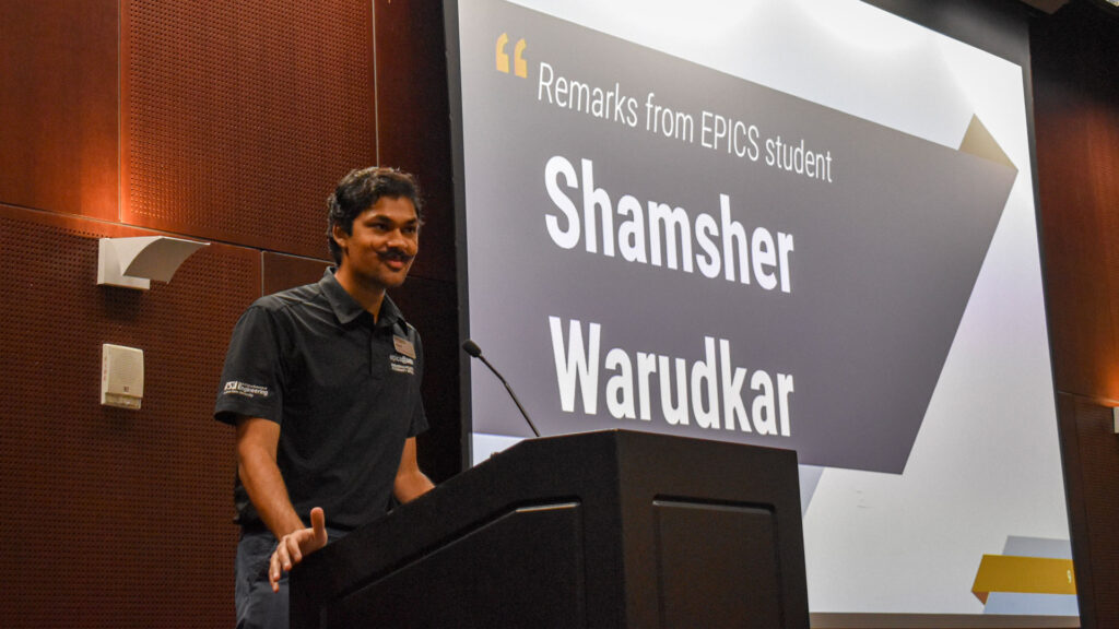 EPICS student Shamsher Warudkar speaks at the Spring 2022 EPICS Generator Awards.