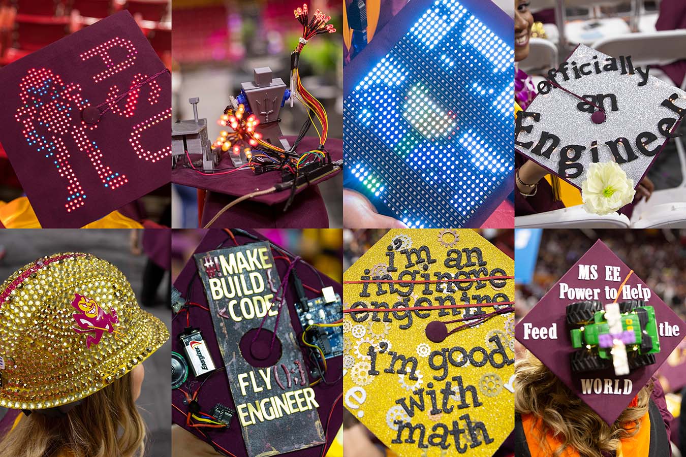 Collage of mortarboard decorations by grads in the Ira A. Fulton Schools of Engineering