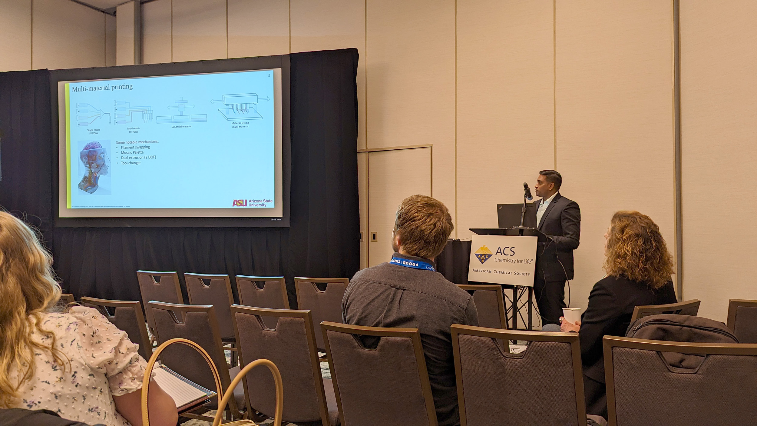 Dharneedar Ravichandran, a PhD student in the systems engineering program, presents his multiphase direct ink writing, or MDIW, additive manufacturing research at the American Chemical Society, or ACS, Symposium in March 2023. Photo courtesy of Dharneedar Ravichandran
