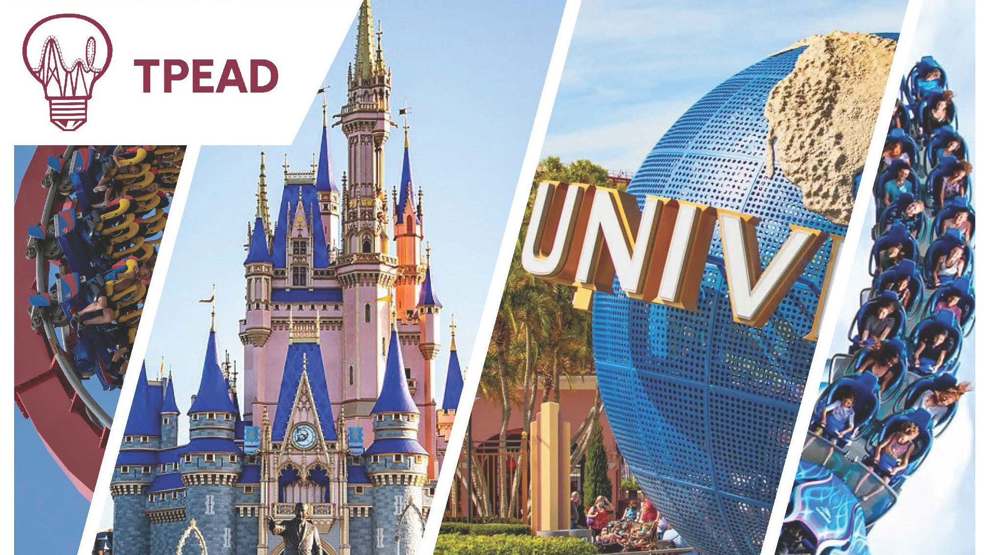 TPEAD logo in the upper-left corner, superimposed over four images of theme parks including Disneyland and Universal Studios.