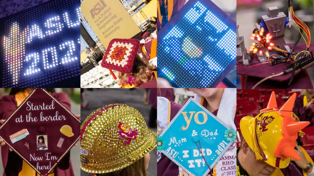 Mortarboards and hardhats decorated by Ira A. Fulton Schools of Engineering graduates.