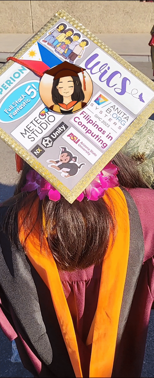 A decorated mortarboard in the form of a collage of activities graduate Aira Daniella San Agustin participated in at ASU.