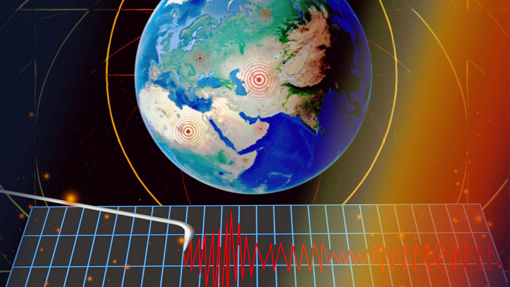 Photo collage of illustration of earth and seismograph.