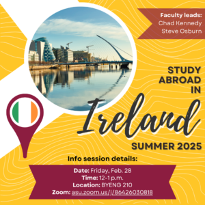 Study abroad in Ireland graphic listing session details.