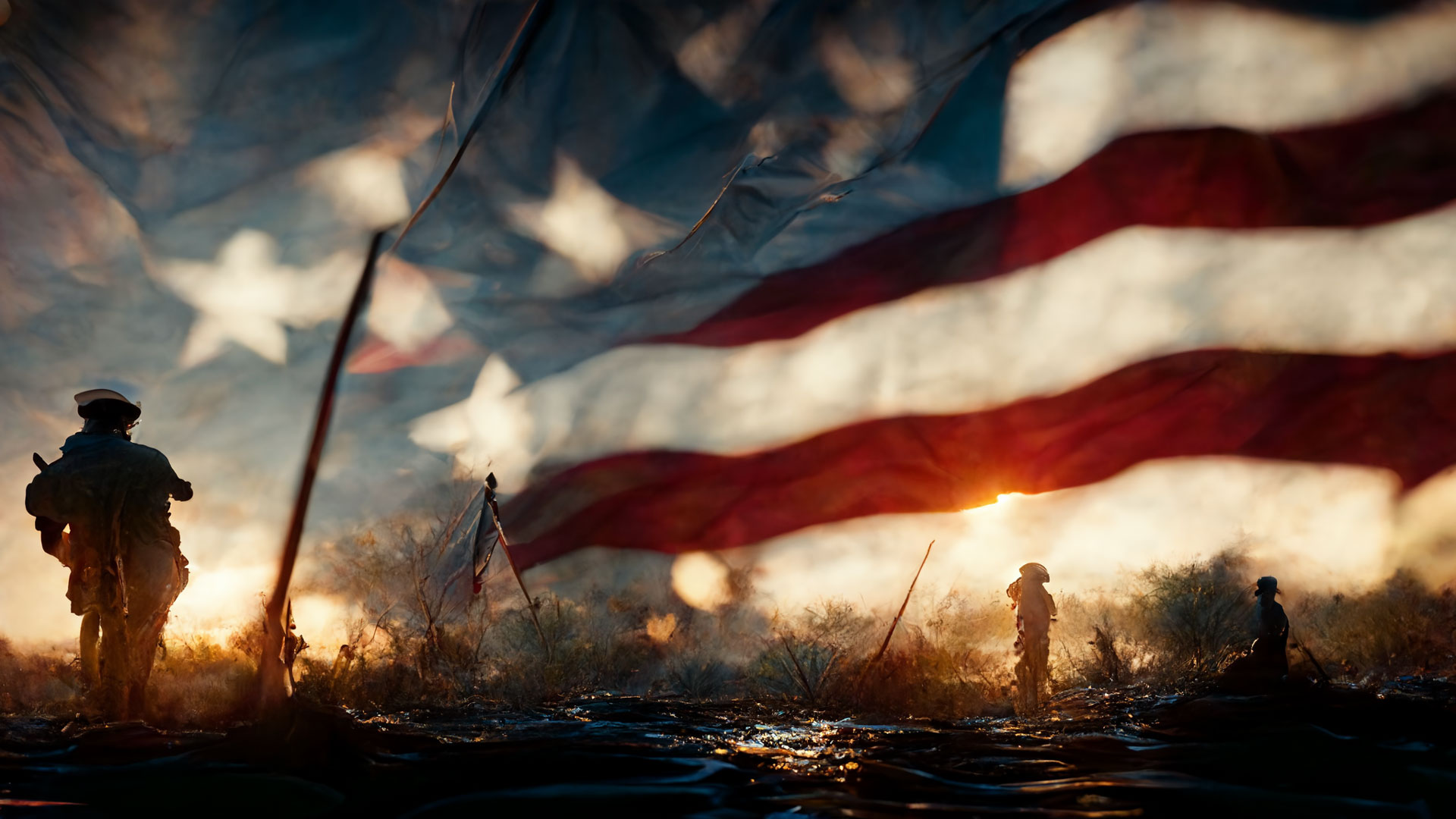 A silhouetted landscape with soldiers in uniform and a flag in the background.