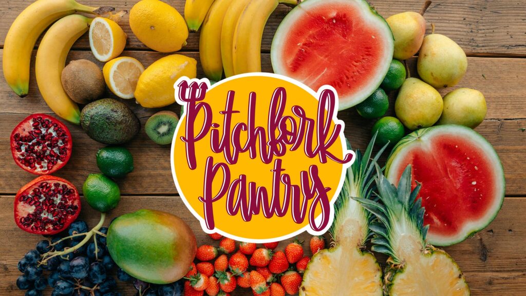 Photo of fresh produce and the Pitchfork Pantry logo