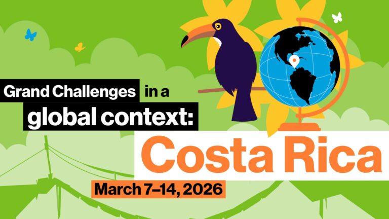 Costa Rica study abroad graphic. A toucan perched next to a globe on a green forestry background.