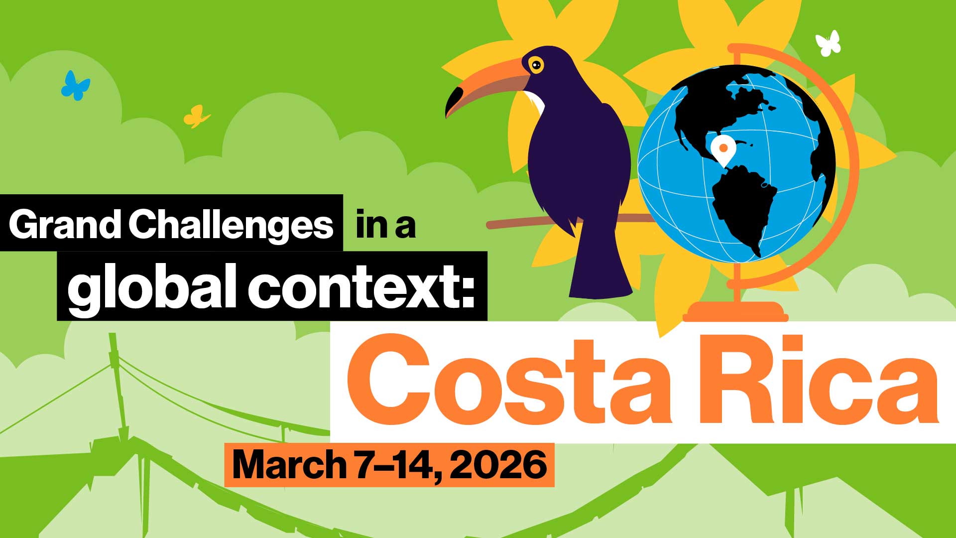 Costa Rica study abroad graphic. A toucan perched next to a globe on a green forestry background.