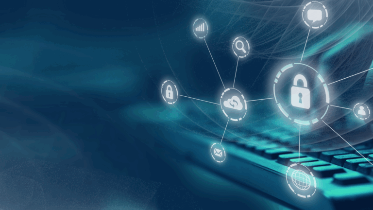 A graphic displays lock symbols over computer technology to symbolize cybersecurity.
