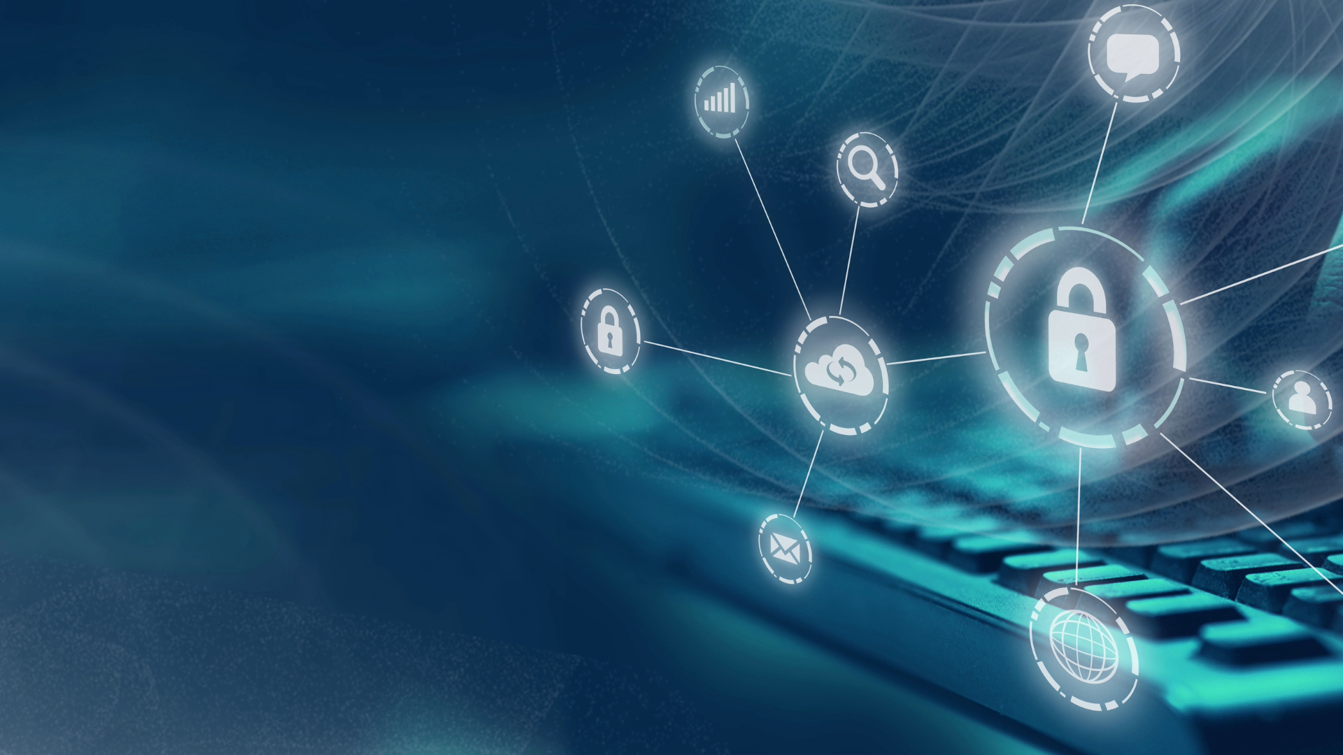 A graphic displays lock symbols over computer technology to symbolize cybersecurity.