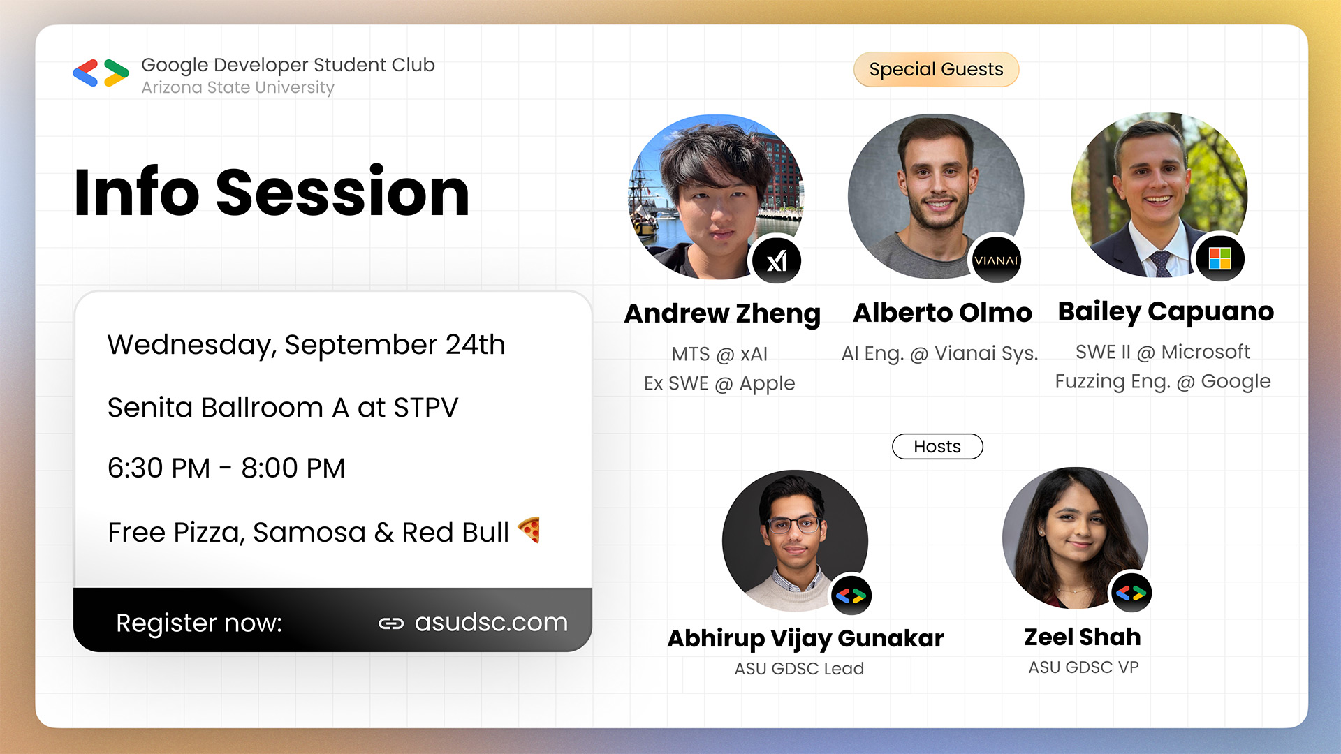 Google Developer Student Club fall info session graphic. Guest speakers include Andrew Zheng, Zeel Shah and Alberto Olmo. Free pizza, samosa and Red Bull.