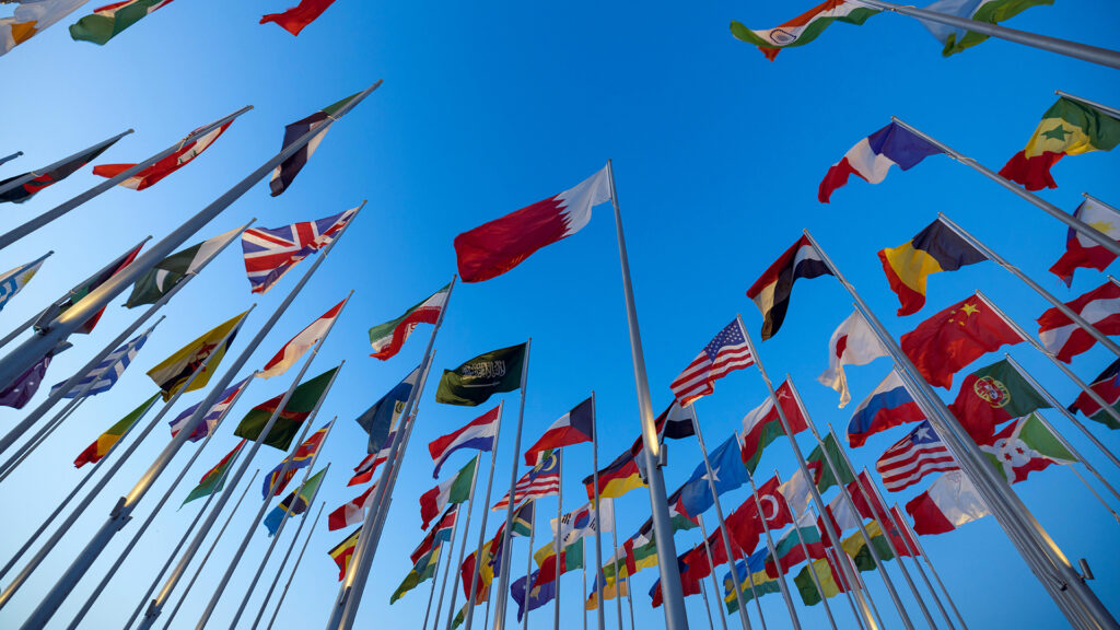 An array of flags from many nations against a bright blue sky.