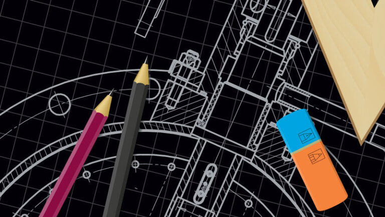 A digital graphics image depicting two pencils and an eraser with the line drawing of a design in the background.