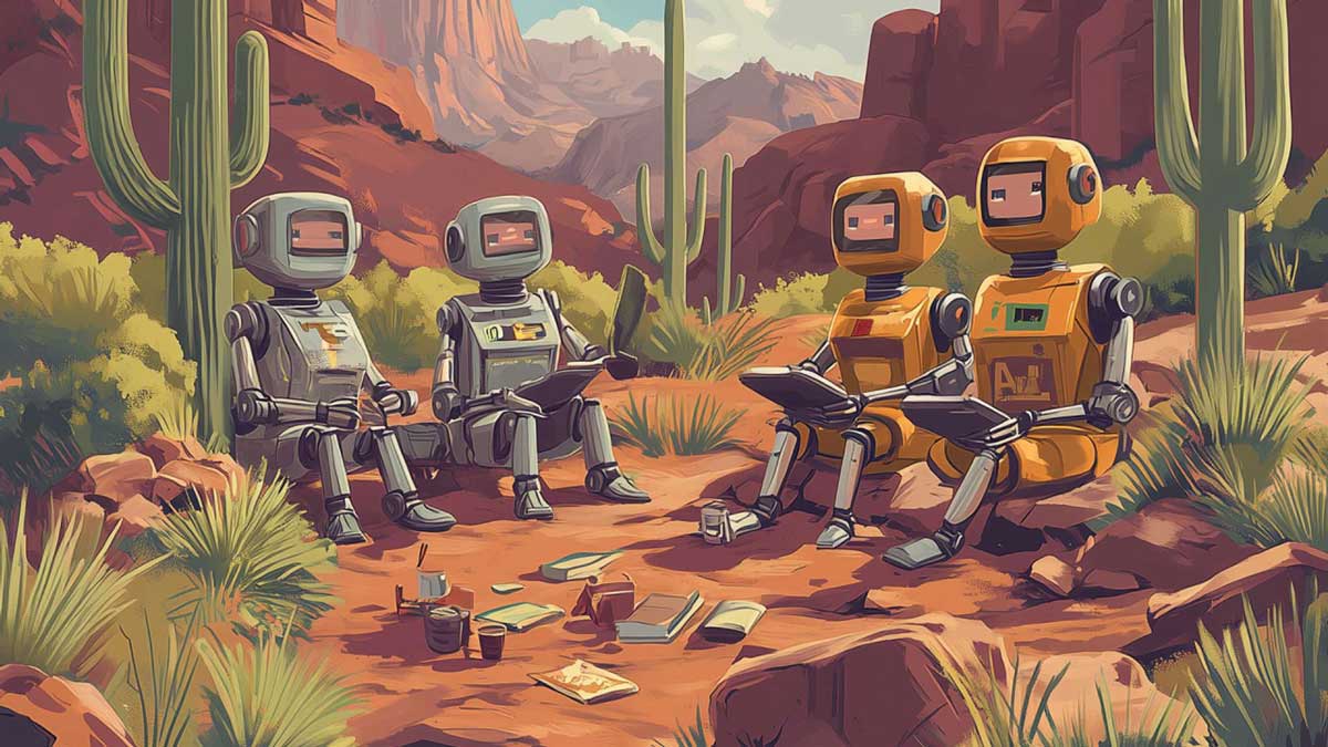 Four robots sit around in the desert with computers.