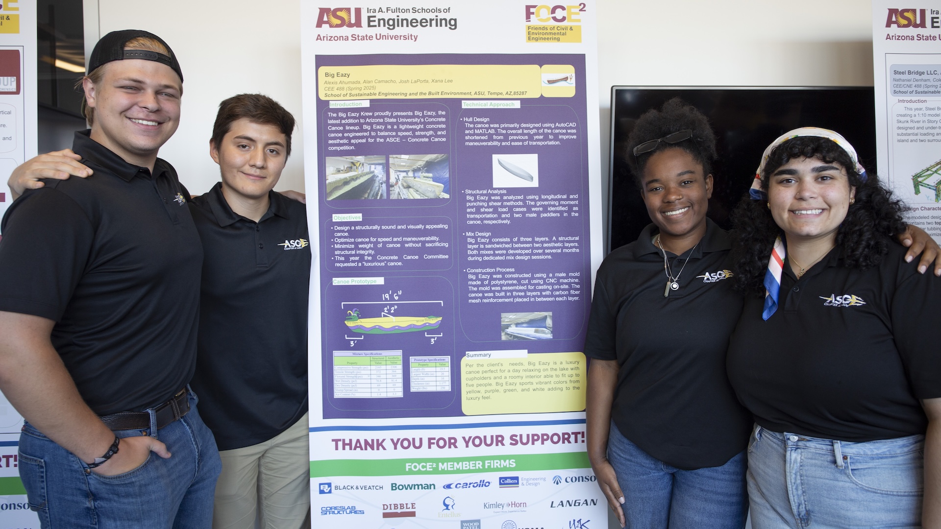 School of Sustainable Engineering and the Built Environment students stand beside a poster of their capstone project during the SSEBE Capstone Project Showcase at the Paul C. Helmick Center.