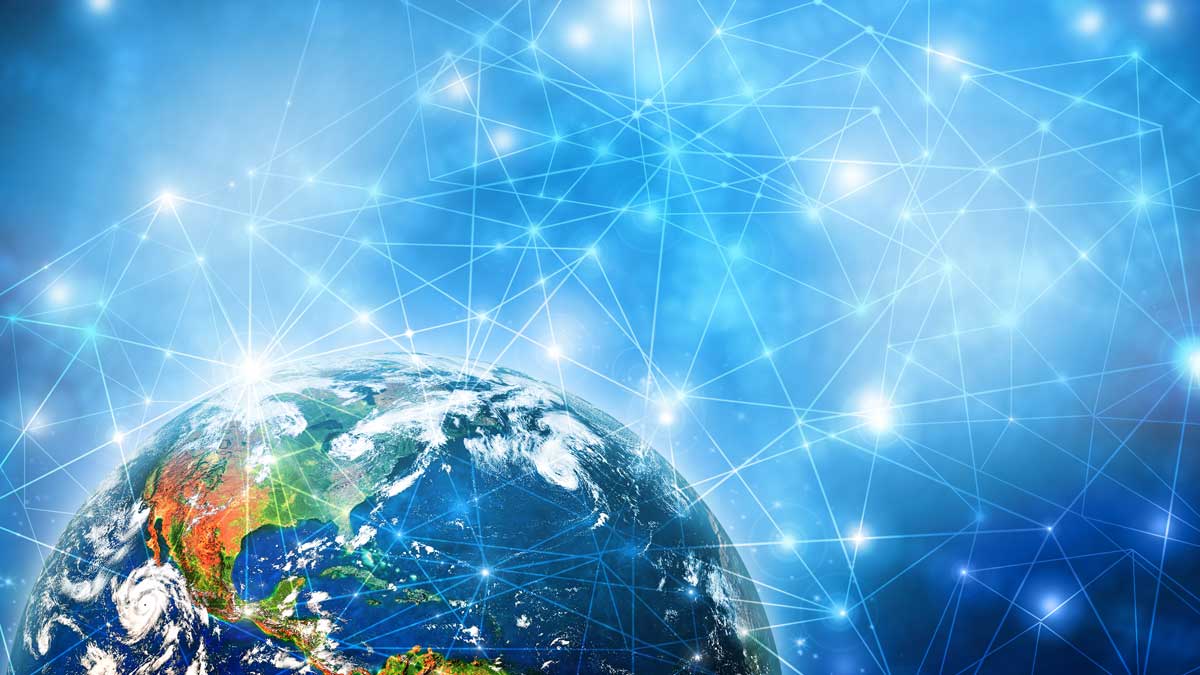 A picture of the planet Earth surrounded by stars that are connected by blue lines.