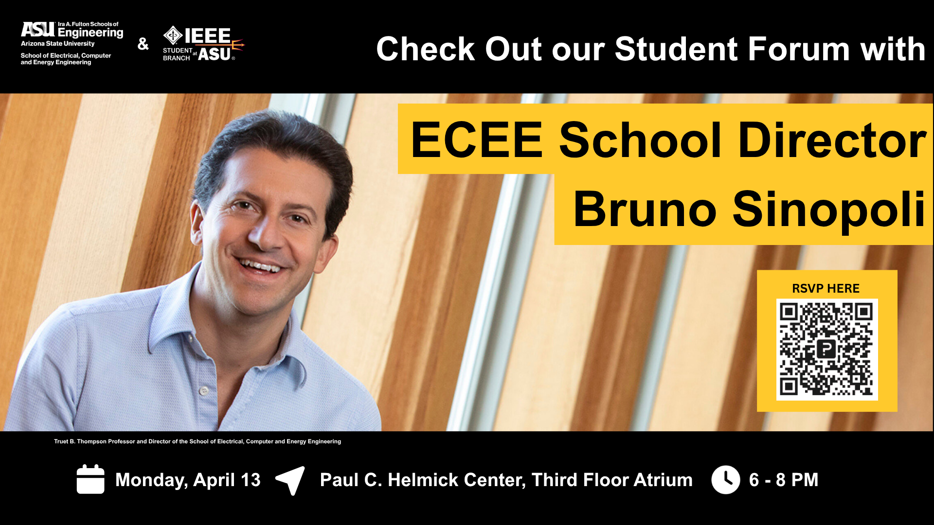 Spring 2026 ECEE student forum promotional banner with portrait of Bruno Sinopoli.