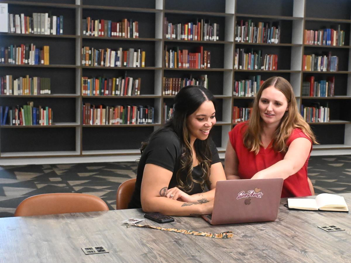 Two individuals work together on a laptop in a library.