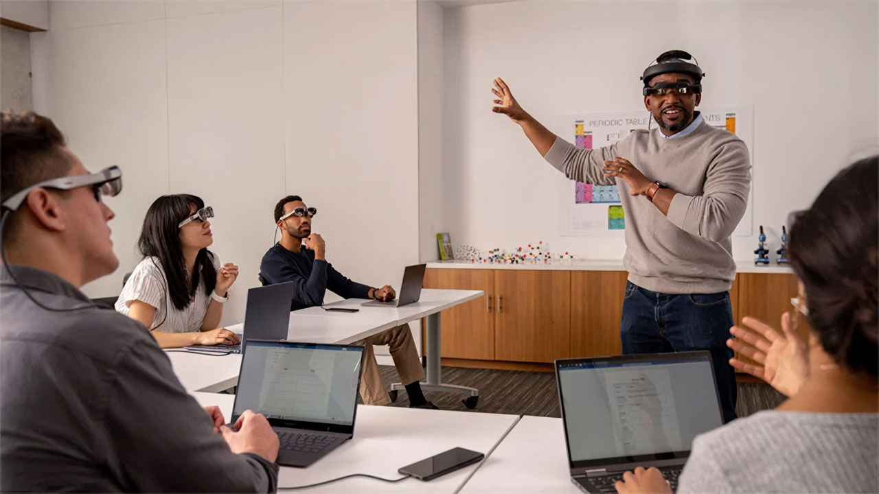 Professor teaching a class using VR headset technology.