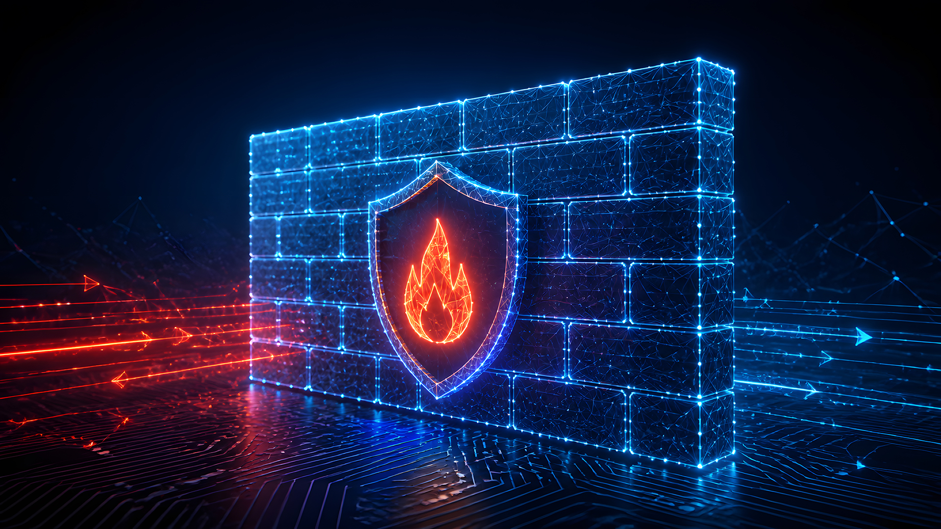 A conceptual image of a digital firewall showing a brick wall created from glowing blue lines with a neon flame in the center.